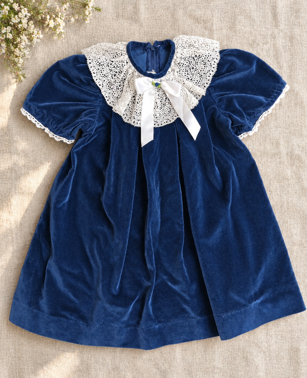 Vintage Good Lad Navy Velvet Dress | Girls 6 |  1980s Christmas Lace Collar